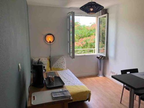 Zimmer mit einem Bett, einem Tisch und einem Fenster in der Unterkunft Charmant Studio Aix en Provence avec parking gratuit in Aix-en-Provence
