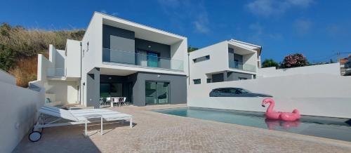フォス・ド・アレーリョにあるGozo - new luxury villa with private poolのピンクのフラミンゴが前に浮かぶスイミングプール付きの家