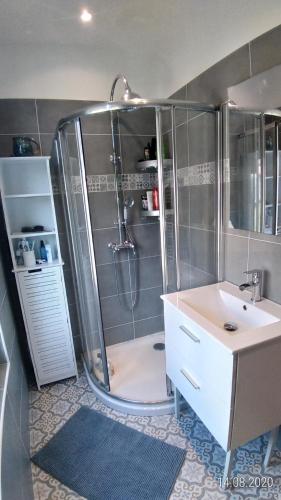 une salle de bain avec une douche avec un lavabo et des toilettes dans l'établissement B.B.Home, à Revin
