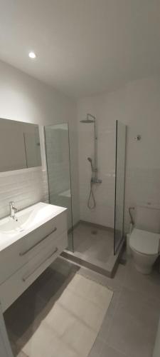 a bathroom with a shower and a sink and a toilet at Theta Θ2 Luxury Apartment's in Thessaloniki