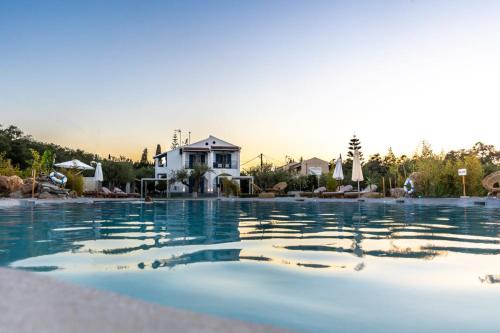 una piscina d'acqua con una casa sullo sfondo di Sun 'n Chill, Boutique Apartments & Beach Villa a Melíkia