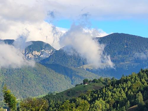 a view of a mountain with trees and clouds at Carpathia Magic -adults only in Peştera