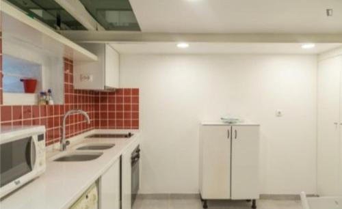 eine Küche mit einer Spüle und einer Mikrowelle in der Unterkunft Adelino apartamentos in Camarate