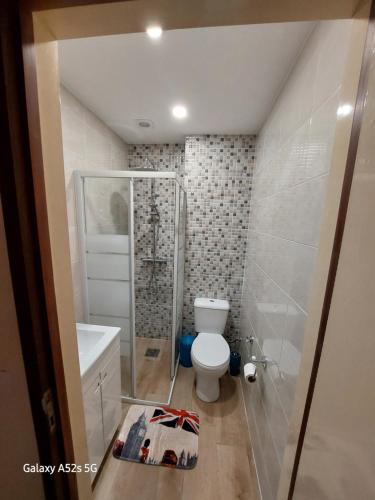 a small bathroom with a toilet and a shower at A Slice of Paradise - Palheiro Golf in Funchal