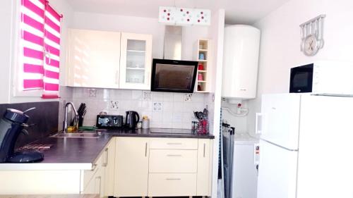 a kitchen with white cabinets and a white refrigerator at Home DisneyLand Paris avec Parking wifi in Lagny