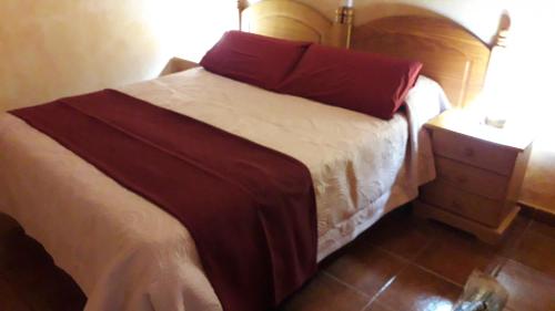 ラス・カサスにあるCasa Rural Abuelo Panchoの赤い枕が備わるドミトリールームのベッド1台分です。