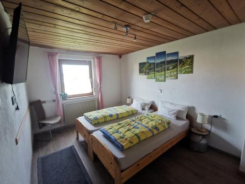 een slaapkamer met 2 bedden en een raam bij Apartment Auszeit mit Küche viel Ruhe und Natur in Untrasried