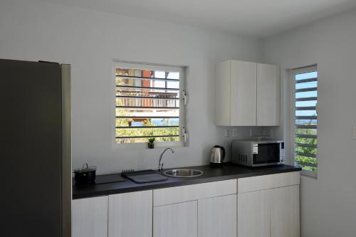 cocina con armarios blancos, fregadero y ventana en Beach House,Villa Santirome/Free Wifi,Parking en Westpunt