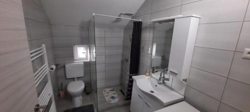 Baño blanco con aseo y lavamanos en Apartman Karolina, en Rudanovac