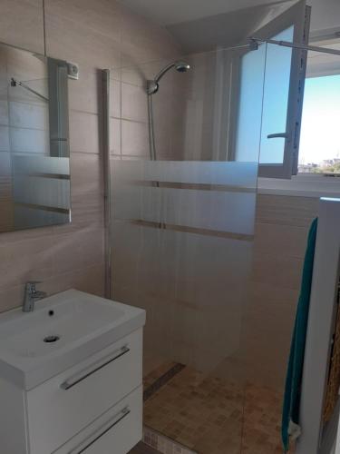 une salle de bain avec un lavabo et une douche avec un miroir dans l'établissement Appart calme à la mer, à Équihen-Plage