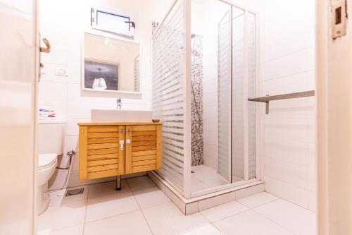 uma casa de banho com um chuveiro, um lavatório e um WC. em Lily Mint Spacious 3BR Apt in Maadi W-TV and WIFI no Cairo