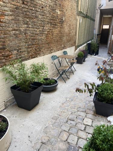a patio with plants and a table and chairs at CosyRouen Bali Jacuzzi & Hamman in Rouen