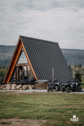 a house with a black roof and a jeep parked in front at Transylvania Apartments in Borzont