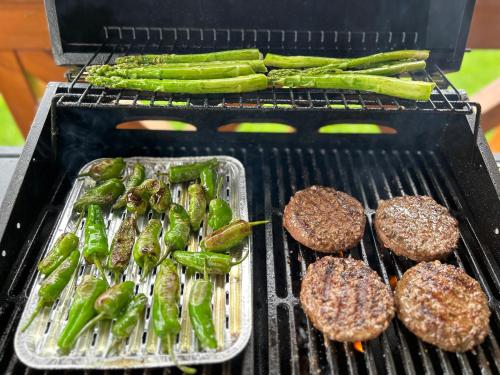 a grill with vegetables and hamburgers and hamburgers and hamburgers at Sielanka Chwaliszów dom całoroczny in Chwaliszow