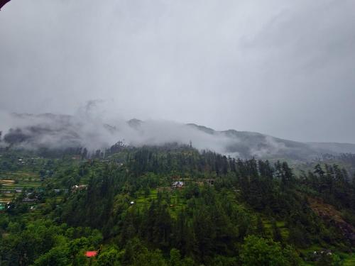 a misty mountain with a town on top of it at Peppy Nomads Luxuria in Jibhi