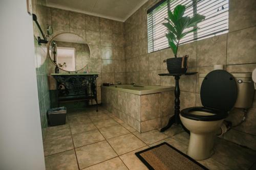 a bathroom with a toilet and a tub and a plant at Sionsberg Farmstay in Riversdale