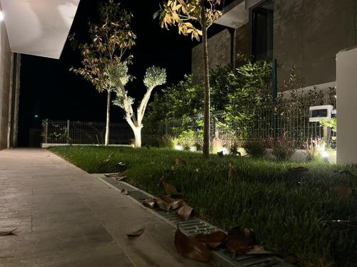 a sidewalk with leaves on the grass at night at Private Villa at Olea Luxury Resort in Dhërmi