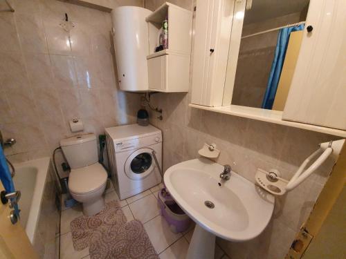 uma casa de banho com um lavatório e uma máquina de lavar roupa em Apartman Angelina em Budva
