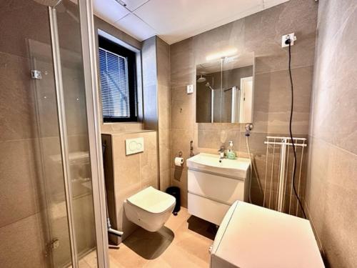 La salle de bains est pourvue de toilettes, d'un lavabo et d'une douche. dans l'établissement Hanko, Laituri B4, Itäsatama, à Hanko