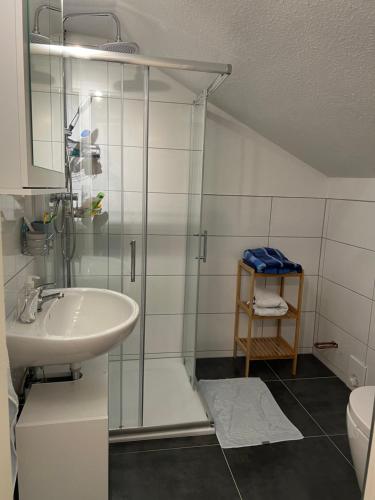 ein Bad mit einer Dusche und einem Waschbecken in der Unterkunft Krummes Häuschen in Großheide