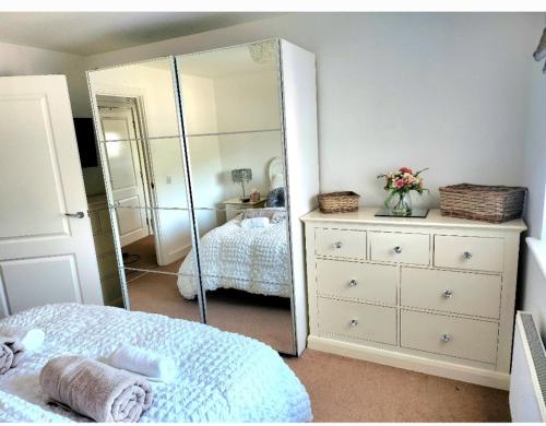 1 dormitorio con espejo, 1 cama y vestidor en Rothwell, en Swansea