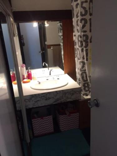 une salle de bain avec un lavabo et un miroir dans l'établissement J'Aime la montagne, à Mâcot La Plagne