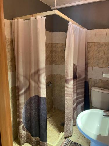 a bathroom with a shower with a sink and a toilet at George Garden in Nea Michaniona