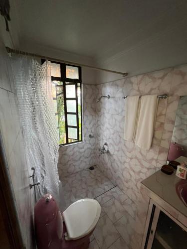 a bathroom with a toilet and a shower with a window at BelleVue Home Stay in Shillong