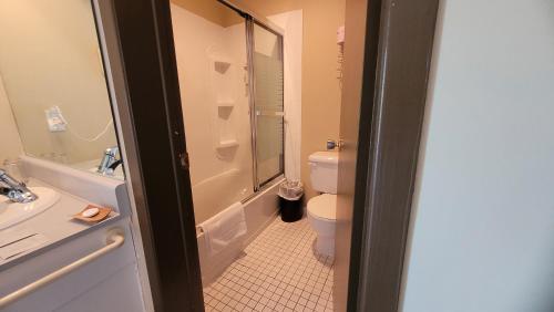 a bathroom with a toilet and a sink and a shower at Hôtel Aquamer in Carleton sur Mer