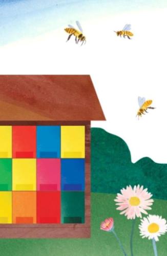 a painting of a house with bees flying around it at SavaDolinka House in Mojstrana