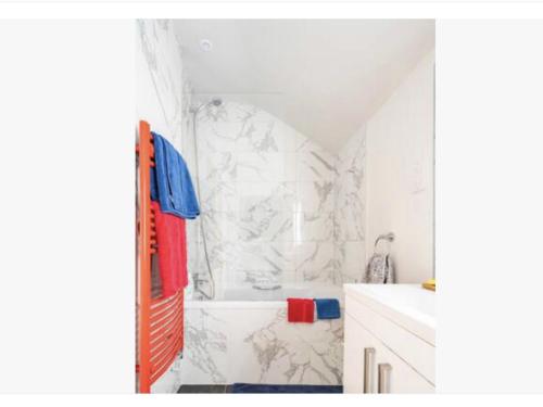 uma casa de banho com chuveiro e cortina de chuveiro em Charming Doubleroom in North Oxford Minimum 3 nights em Oxford
