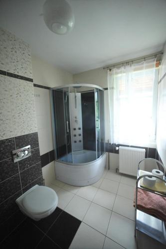 łazienka z prysznicem, toaletą i wanną w obiekcie Ośrodek Wypoczynkowy CRYSTAL w Polańczyku