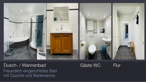 Trois photos d'une salle de bains avec baignoire et lavabo dans l'établissement Großes und helles Innenstadt Apartment - Ferienwohnung, à Bad Homburg vor der Höhe