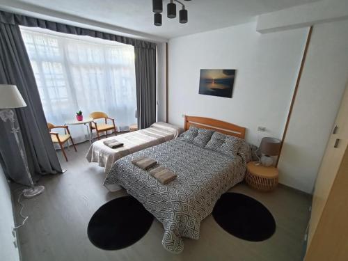 Rianjo的住宿－Trisquel Rianxo，一间卧室设有一张床和一个大窗户