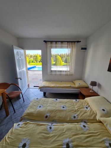 a bedroom with two beds and a window with a pool at Dworek Jonatan in Chłopy