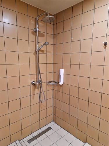 a shower in a bathroom with a tiled wall at Mosaic Apartments in Chania