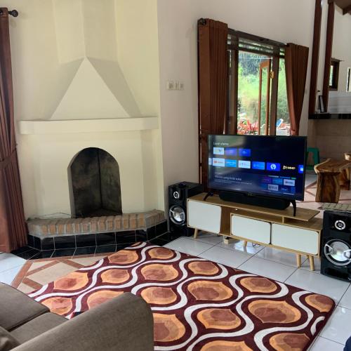 a living room with a television and a fireplace at Villa Kay Hills in Sampal 2