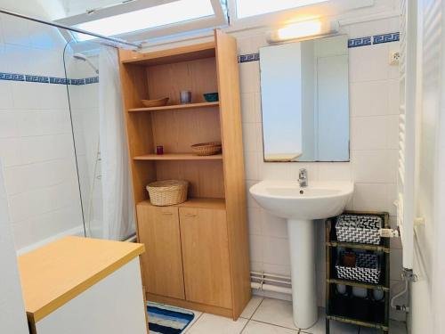 une salle de bain avec un lavabo, un miroir et une douche dans l'établissement Au Chêne tranquille - côte landaise, à Parentis-en-Born