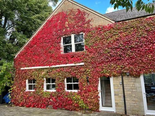 a house covered in red ivy at Cotswold dog-friendly holiday home in Stroud