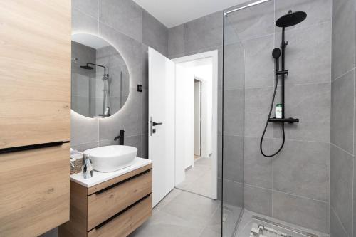 y baño con ducha y lavamanos. en Apartman Beli, en Vinkovci