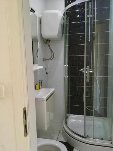y baño con ducha, aseo y lavamanos. en Apartment Victoria, en Split