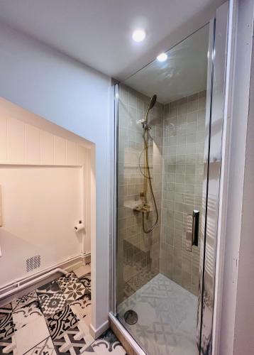 une douche avec une porte vitrée dans une salle de bain dans l'établissement Rouen Saint Nicaise, à Rouen