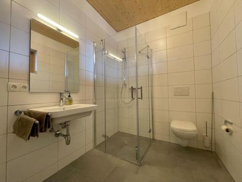 a bathroom with a shower and a sink and a toilet at Gamsfels Petronella Galeriewohnung in Langen bei Bregenz