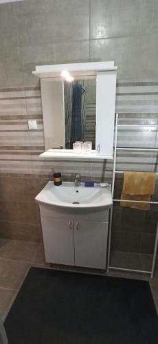 een badkamer met een witte wastafel en een spiegel bij Aurora in Subotica
