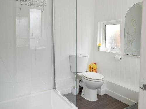 a white bathroom with a toilet and a shower at Anchors Away in Margate