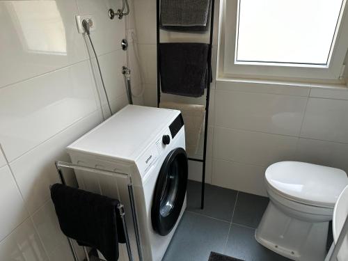een wasmachine in een badkamer met een toilet bij Croatiaumag in Umag
