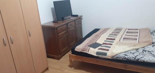 1 dormitorio con 1 cama y vestidor con TV en APARTMENT Bjelave en Sarajevo