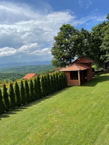 a small building in a field next to a hedge at Apartmani Milosavljević in Kuršumlija