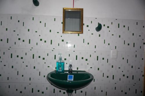 baño con lavabo verde y espejo en Villa Carolina en Aquitania