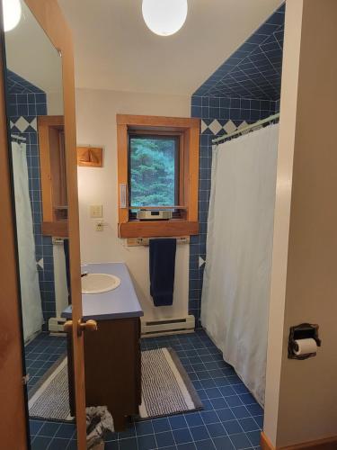 W wyłożonej niebieskimi kafelkami łazience znajduje się umywalka i prysznic. w obiekcie Kenway Ranch w mieście Southwest Harbor